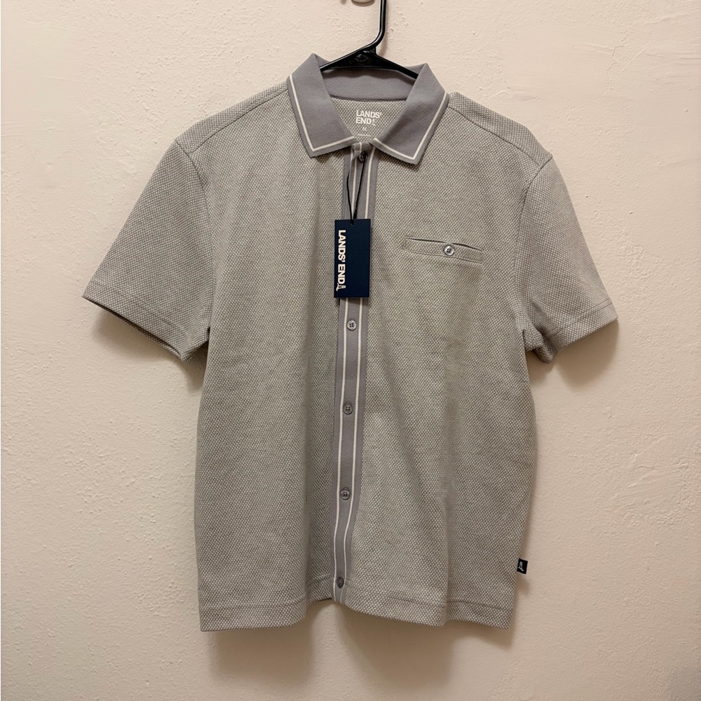 Lands' End Light Gray Textured Knit Polo with Contrast Trim